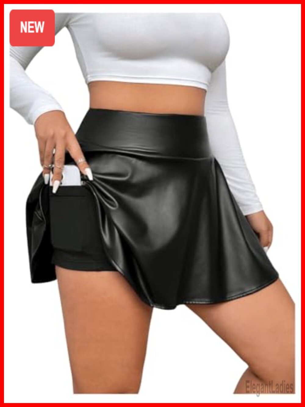 Faux Leather Mini Skort with Built-in Shorts High Waist Ruffle Hem